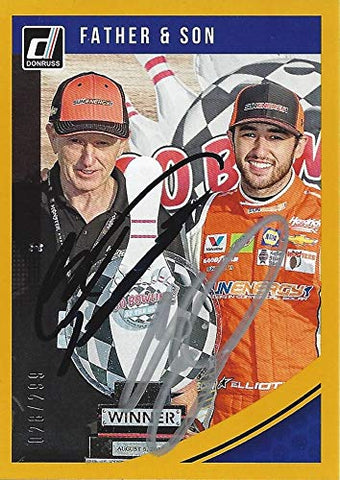 2X AUTOGRAPHED Chase Elliott & Bill Elliott 2019 Panini Donruss Racing FATHER & SON (Watkins Glen First Cup Win) Monster Cup Series Insert Signed Collectible NASCAR Trading Card with COA #028/299