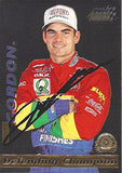 AUTOGRAPHED Jeff Gordon 1996 Pinnacle Action Packed Racing DEFENDING CHAMPION (#24 DuPont Rainbow Team) Hendrick Motorsports Vintage Silver Speed Chrome Signed NASCAR Collectible Trading Card with COA