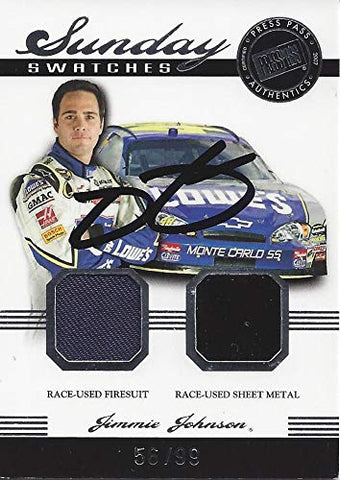 AUTOGRAPHED Jimmie Johnson 2007 Press Pass Legends SUNDAY SWATCHES DUAL RELIC (Race-Used Firesuit & Sheetmetal) #48 Lowes Team Insert Signed NASCAR Collectible Trading Card with COA #56/99
