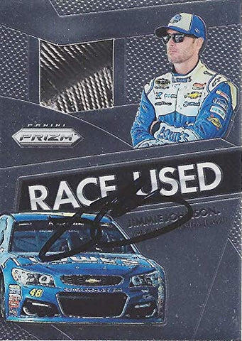 AUTOGRAPHED Jimmie Johnson 2016 Panini Prizm Racing RACE-USED TIRE (#48 Lowes Team) Hendrick Motorsports Chrome Insert Signed NASCAR Collectible Trading Card with COA