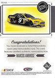 AUTOGRAPHED Marcos Ambrose 2014 Press Pass Total Memorabilia DUAL RELIC (Sheetmetal & Tire) FINAL SEASON Race-Used Gold Parallel Insert Signed NASCAR Trading Card with COA (#077 of 150)