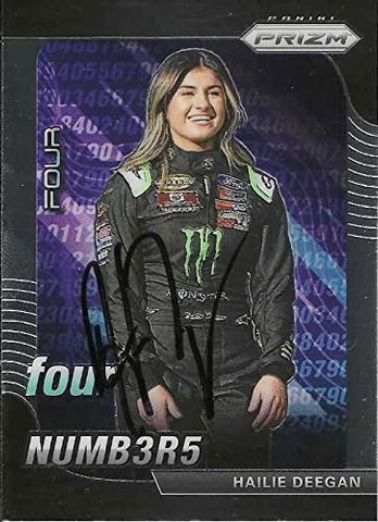 AUTOGRAPHED Hailie Deegan 2020 Panini Prizm Racing FOUR NUMBERS (Monster Energy Team) ARCA SERIES Rare Insert Signed Collectible NASCAR Trading Card with COA