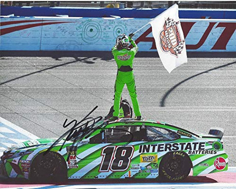 AUTOGRAPHED 2019 Kyle Busch #18 Interstate Batteries AUTO CLUB SPEEDWAY RACE WIN (200 Career Wins) Victory Flag Celebration Signed Collectible Picture 8X10 Inch NASCAR Glossy Photo with COA