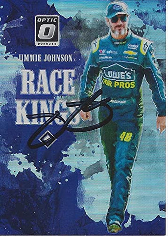 AUTOGRAPHED Jimmie Johnson 2019 Panini Donruss Optic Racing RACE KINGS RARE PRIZM (#48 Lowes Team) Hendrick Motorsports Insert Signed NASCAR Collectible Trading Card with COA