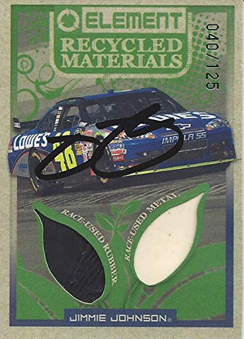 AUTOGRAPHED Jimmie Johnson 2010 Wheels Element Racing RECYCLED MATERIALS (Race-Used Tire & Metal) #48 Lowes Team Hendrick Dual Relic Signed NASCAR Collectible Trading Card with COA #040/125