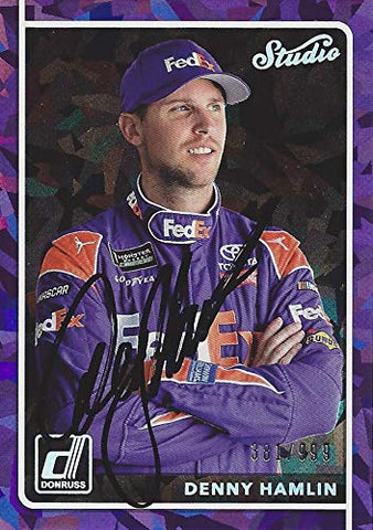 AUTOGRAPHED Denny Hamlin 2018 Panini Donruss Racing STUDIO PURPLE PARALLEL (#11 FedEx Team) Insert Signed Collectible NASCAR Trading Card with COA #381/999