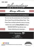 AUTOGRAPHED Denny Hamlin 2007 Press Pass Legends SUNDAY SWATCHES DUAL RELIC (Race-Used Firesuit & Metal) #11 FedEx Chevrolet Team Insert Signed Collectible NASCAR Trading Card with COA #087/199