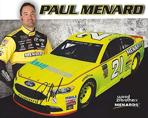 AUTOGRAPHED 2018 Paul Menard #21 Menards/Knauf Insulation Ford Fusion Team (Wood Brother Racing) Monster Cup Series Signed Picture 8X10 Inch NASCAR Hero Card Photo with COA