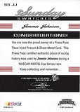 AUTOGRAPHED Jimmie Johnson 2007 Press Pass Legends SUNDAY SWATCHES DUAL RELIC (Race-Used Firesuit & Sheetmetal) #48 Lowes Team Insert Signed NASCAR Collectible Trading Card with COA #56/99
