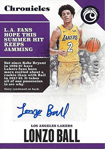 AUTOGRAPHED Lonzo Ball 2017-18 Panini Chronicles Basketball (#2 Los Angeles Lakers) ROOKIE CARD Signed Insert Collectible NBA Basketball Trading Card #16/49
