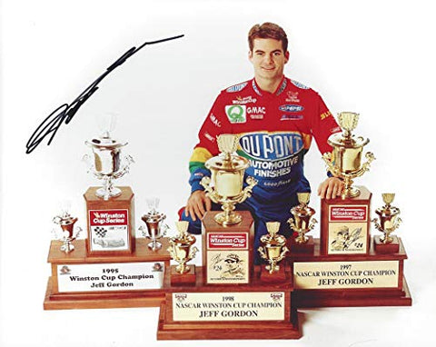 AUTOGRAPHED Jeff Gordon #24 DuPont Racing 3X NASCAR WINSTON CUP CHAMPION (Trophy Pose) Vintage Hendrick Motorsports Signed Collectible Picture 8X10 Inch NASCAR Glossy Photo with COA