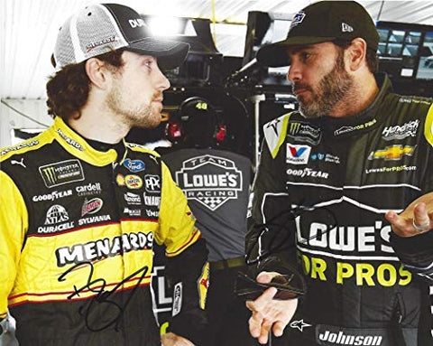 2X AUTOGRAPHED Ryan Blaney & Jimmie Johnson 2019 WATKINS GLEN HEATED TALK (Garage Area Altercation) Monster Cup Series Dual Signed Picture 8X10 Inch NASCAR Glossy Photo with COA