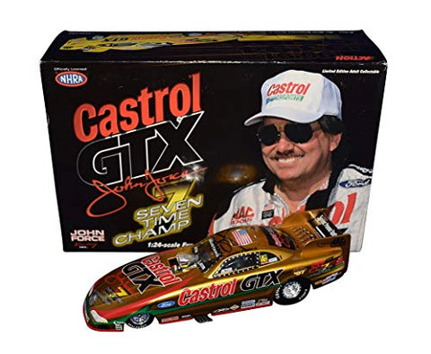 AUTOGRAPHED John Force 1998 Castrol GTX Racing 7X CHAMPION (Gold Paint Scheme) Ford Mustang Signed 1/24 Scale NHRA Funny Car Diecast Car with COA