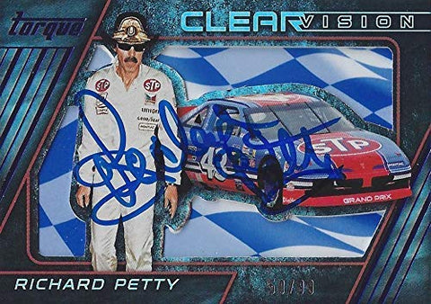 AUTOGRAPHED Richard Petty 2016 Panini Torque Racing CLEAR VISION (#43 STP Team) Parallel Insert Signed Collectible NASCAR Trading Card #50 of 99 with COA and Toploader