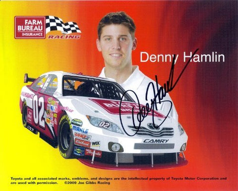 AUTOGRAPHED 2009 Denny Hamlin #20 Farm Bureau Racing (Nationwide Series) Signed NASCAR 8X10 Photo Hero Card with COA