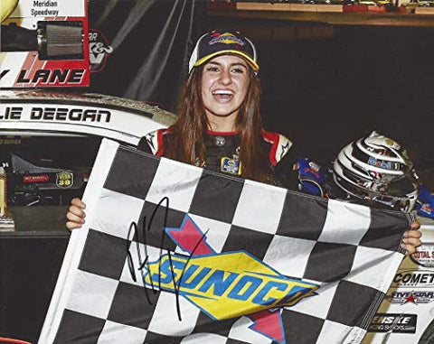 AUTOGRAPHED 2018 Hailie Deegan #19 Mobil 1 Racing MERIDIAN SPEEDWAY RACE WIN (Victory Lane Checkered Flag) K&N Pro Series West Signed Collectible Picture 8X10 Inch NASCAR Glossy Photo with COA