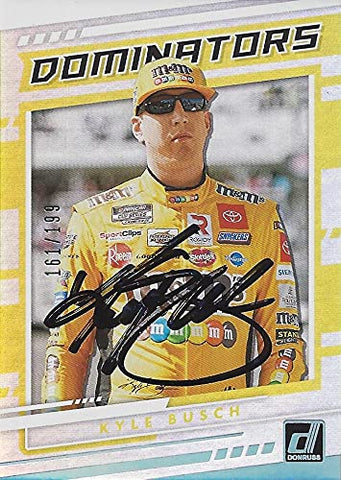 AUTOGRAPHED Kyle Busch 2021 Panini Donruss DOMINATORS (#18 M&Ms Team) Joe Gibbs Racing Rare Parallel Insert Signed Collectible Trading Card with COA #161/199