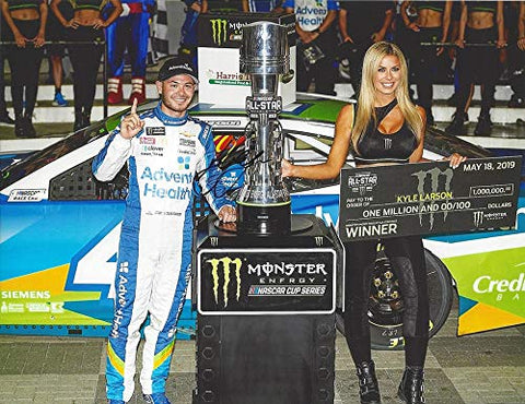 AUTOGRAPHED 2019 Kyle Larson #42 Advent Health Team ALL-STAR RACE WIN (Victory Lane Trophy Presentation) Monster Energy Cup Series Signed Collectible Picture NASCAR 9X11 Inch Glossy Photo with COA