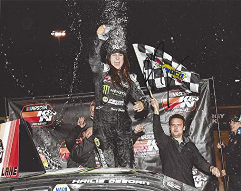 AUTOGRAPHED 2019 Hailie Deegan #19 Monster Energy Racing LAS VEGAS DIRT RACE WIN (Victory Lane Celebration) K&N Pro Series Signed Collectible Picture 8X10 Inch NASCAR Glossy Photo with COA