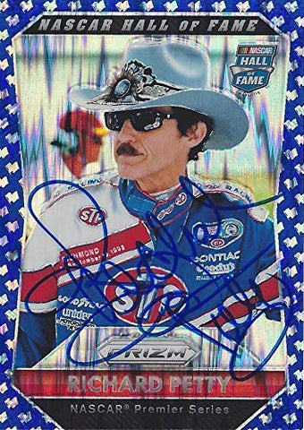 AUTOGRAPHED Richard Petty 2016 Panini Prizm Racing BLUE PRIZM (#43 STP Team) Cowboy Hat Insert Signed Collectible NASCAR Trading Card #63/99 with COA and Toploader