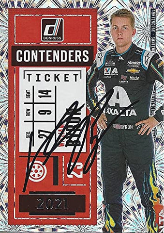 AUTOGRAPHED William Byron 2021 Panini Donruss Racing CONTENDERS TICKET (#24 Liberty University) Hendrick Motorsports Insert Signed Collectible Trading Card with COA