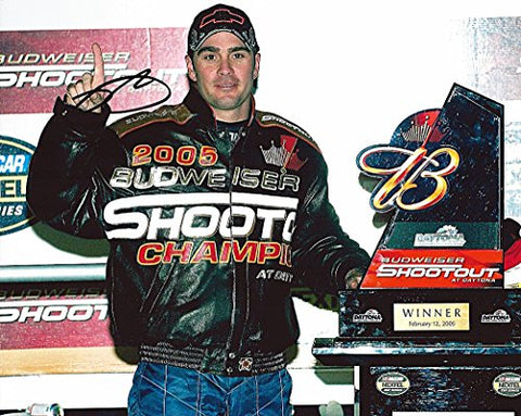 AUTOGRAPHED 2005 Jimmie Johnson #48 Lowe's Racing DAYTONA BUDWEISER SHOOTOUT WIN (Victory Lane Trophy) Signed 8X10 NASCAR Glossy Photo with COA
