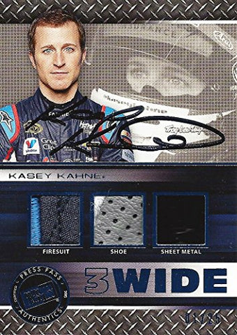 AUTOGRAPHED Kasey Kahne 2015 Press Pass Racing 3 WIDE (Triple Relic) Race-Used Firesuit-Shoe-Sheetmetal Memorabilia Insert Signed Collectible NASCAR Trading Card with COA (#01 of only 25 ever produced!)
