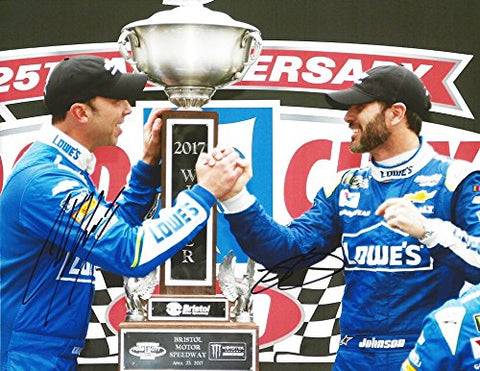 2X AUTOGRAPHED 2017 Jimmie Johnson & Chad Knaus #48 Lowes BRISTOL RACE WIN (Victory Lane) Signed NASCAR Picture 9X11 Inch Glossy Photo with COA