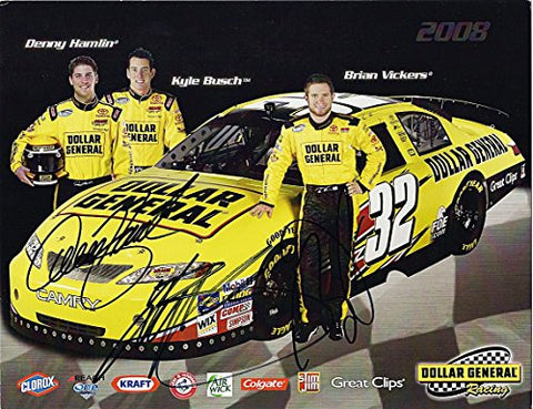 3X AUTOGRAPHED 2008 Kyle Busch / Denny Hamlin / Brian Vickers #32 Dollar General Racing Nationwide Series Signed 9X11 NASCAR Hero Card with COA