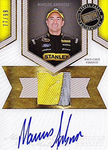 AUTOGRAPHED Marcos Ambrose 2013 Press Pass Racing (2-Color Firesuit) Relic Memorabilia Insert Signed NASCAR Trading Card with COA (#77 of 99)