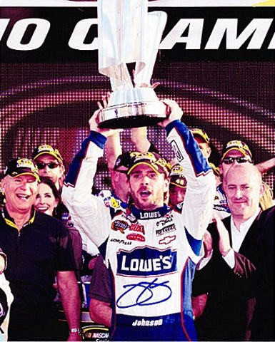 AUTOGRAPHED 2010 Jimmie Johnson #48 Lowe's Racing CHAMPIONSHIP TROPHY (Homestead) Signed NASCAR 8X10 Glossy Photo with COA