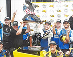 AUTOGRAPHED 2016 Chris Buescher #34 Front Row Motorsports Racing PENNSYLVANIA 400 POCONO RACE WIN (Victory Lane Trophy) Rookie Season Collectible Picture NASCAR 9X11 Inch Glossy Photo with COA