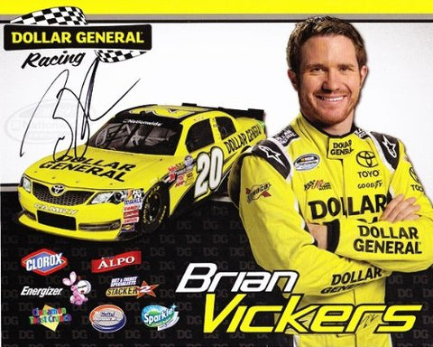 AUTOGRAPHED 2013 Brian Vickers #20 Dollar General Racing (Nationwide Series) Signed 8X10 Inch NASCAR Hero Card Photo with COA
