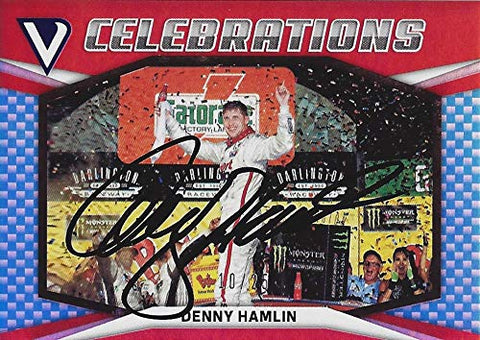 AUTOGRAPHED Denny Hamlin 2018 Panini Victory Lane Racing CELEBRATIONS (Darlington Race Win) #11 Gibbs Team Insert Rare Parallel Signed Collectible NASCAR Trading Card with COA #10/25