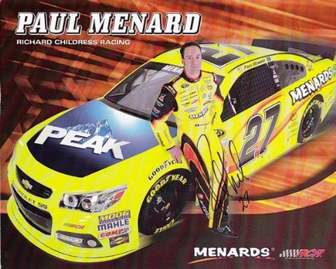 AUTOGRAPAHED 2013 Paul Menard #27 Peak Antifreeze / Menards Signed 8X10 NASCAR Hero Card Photo with COA