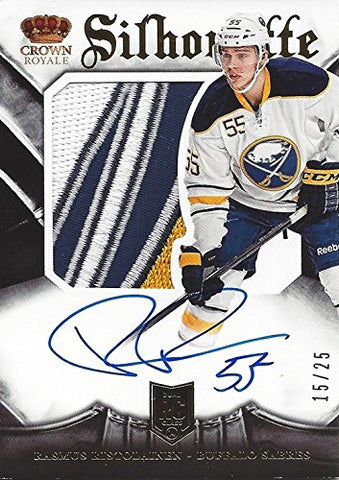 RASMUS RISTOLAINEN 2013-14 Panini Crown Royale Hockey SILHOUETTE ROOKIE JERSEY AUTOGRAPH (Buffalo Sabres) Game-Worn 4-Color Logo Jersey Patch Rare Insert Collectible NHL Hockey Trading Card #15/25