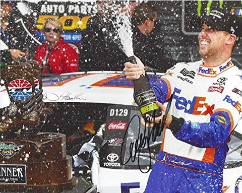 AUTOGRAPHED 2019 Denny Hamlin #11 FedEx Team TEXAS RACE WIN (Victory Champagne Celebration) Joe Gibbs Racing Monster Cup Series Signed Collectible Picture 8X10 Inch NASCAR Glossy Photo with COA