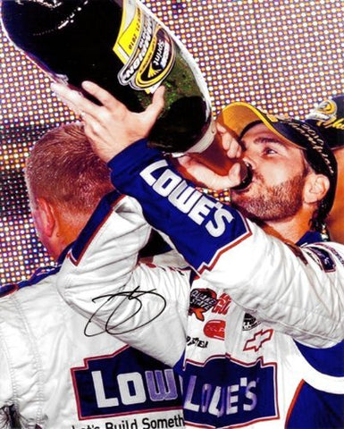 AUTOGRAPHED 2010 Jimmie Johnson #48 Lowes 5X NASCAR CHAMPION (Champagne Chug) Signed 8X10 NASCAR Photo with COA