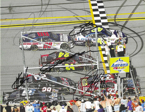 5X AUTOGRAPHED Jimmie Johnson / Dale Jr. / Jeff Gordon / Kevin Harvick / Clint Bowyer 2011 TALLADEGA CLOSEST FINISH IN HISTORY Rare Signed Picture 9X11 Inch NASCAR Glossy Photo with COA