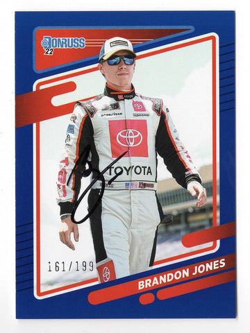 AUTOGRAPHED Brandon Jones 2022 Donruss Racing RARE BLUE PARALLEL (#19 Joe Gibbs Toyota Team) Insert Signed NASCAR Collectible Trading Card #161/199 with COA