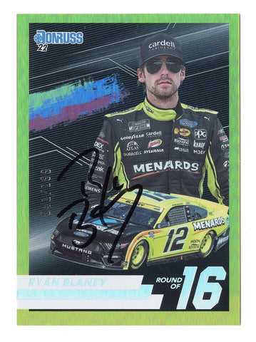 AUTOGRAPHED Ryan Blaney 2022 Donruss Racing PLAYOFFS ROUND OF 16 (Team Penske) Rare Parallel Insert Signed NASCAR Collectible Trading Card #041/199 with COA