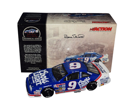 AUTOGRAPHED 1991 Bill Elliott #9 Coors Light Racing BLUE MELLING FORD THUNDERBIRD (Historical Series) Rare Vintage Signed Collectible 1/24 Scale NASCAR Diecast Car with COA (1 of only 4,032 produced)