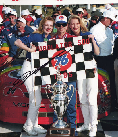 AUTOGRAPHED 1995 Jeff Gordon #24 DuPont Racing ATLANTA RACE WIN (Purolator 500 Trophy) Vintage Signed 8X10 Inch Picture NASCAR Glossy Photo with COA