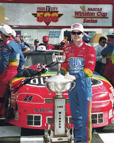 AUTOGRAPHED 1995 Jeff Gordon #24 DuPont Racing BRISTOL RACE WIN (Food City 500 Trophy) Vintage Signed 8X10 Inch Picture NASCAR Glossy Photo with COA