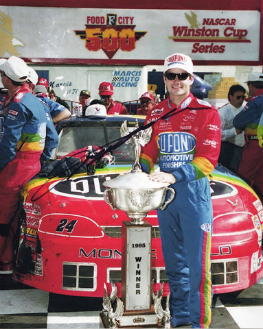AUTOGRAPHED 1995 Jeff Gordon #24 DuPont Rainbow BRISTOL RACE WIN (Food City 500) Victory Lane Trophy Vintage Signed 8X10 Inch Picture NASCAR Glossy Photo with COA