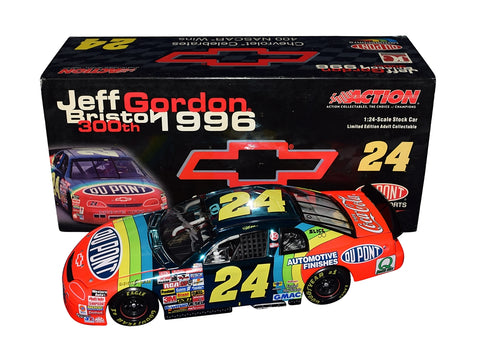 AUTOGRAPHED 1996 Jeff Gordon #24 DuPont Rainbow CHEVY 400TH WIN (Bristol Race) Color Chrome Signed Action 1/24 Scale NASCAR Diecast Car with COA