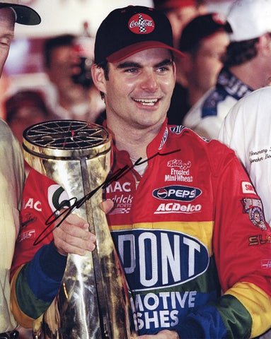 AUTOGRAPHED 1997 Jeff Gordon #24 DuPont Racing CHARLOTTE RACE WIN (Victory Lane Trophy) Vintage Signed 8X10 Inch Picture NASCAR Glossy Photo with COA