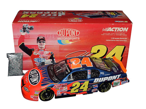 AUTOGRAPHED 2001 Jeff Gordon #24 DuPont Racing LAS VEGAS WIN (Race Victory with Money Bag) RCCA Clear Window Bank Signed Action 1/24 Scale NASCAR Diecast Car with COA