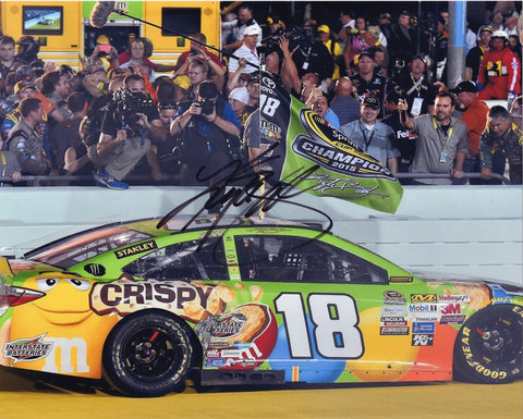 AUTOGRAPHED 2015 Kyle Busch #18 M&Ms Crispy Racing SPRINT CUP SERIES CHAMPION (Championship Flag) Signed 8X10 Inch Picture NASCAR Glossy Photo with COA