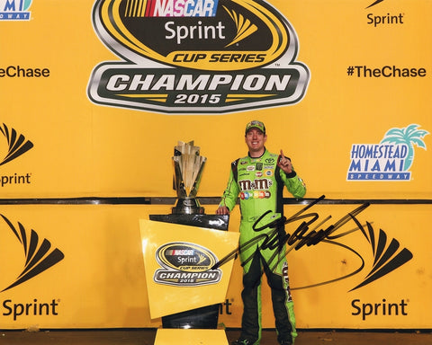 AUTOGRAPHED 2015 Kyle Busch #18 M&Ms Racing SPRINT CUP SERIES CHAMPION (Homestead Champ Trophy) Signed 8X10 Inch Picture NASCAR Glossy Photo with COA